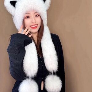 White and Black Faux Fur Animal Ear Hat